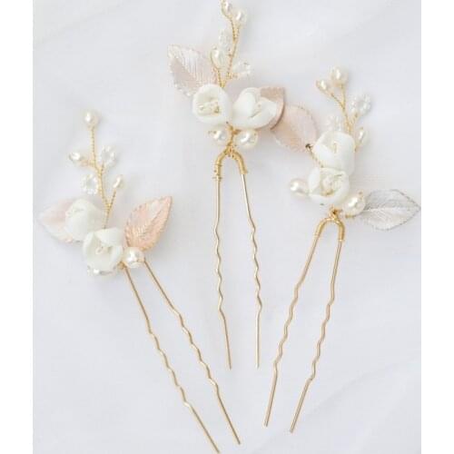White Ceramic Flower Hair Clips Bridal Pins Freshwater Pearls Wedding Hair Jewelry Handmade Women Bobby Pin