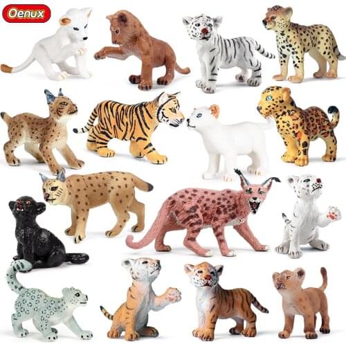 Oenux African Wild Animals Simulation Small Tiger Lion Snow Leopard Action Figure Figurines PVC Miniature Model Education Toys