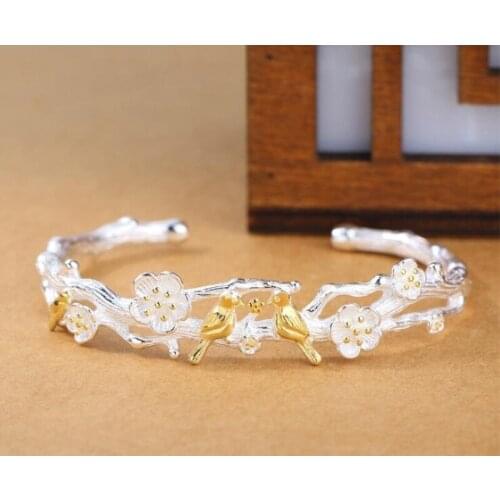 Elegant Female Bracelet Birds in Plum Blossom Branch Open Bracelets for Women Mujer Mori Girl Silver 925 Jewelry Gifts SB097