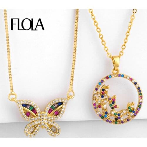 FLOLA Gold Filled Butterfly Necklace for Women Insect CZ Rainbow Chain Necklace Pandant Zirconia Long collares de moda nkep63