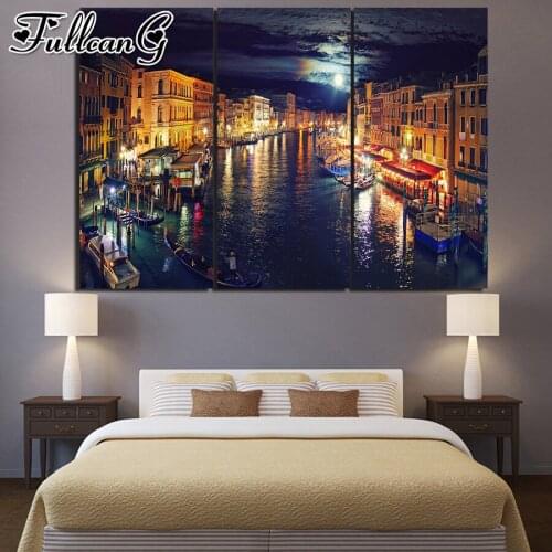 FULLCANG Night scenery of water city triptych diy 5d diamond painting mosaic embroidery landscape full square round drill FC2900