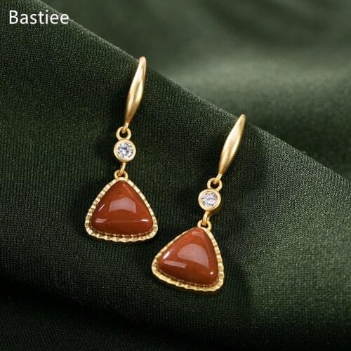 Bastiee Geometric Korean Earrings Earrings Silver 925 Jewelry For Women Red Agate Golden Plated Long Earrings Vintage