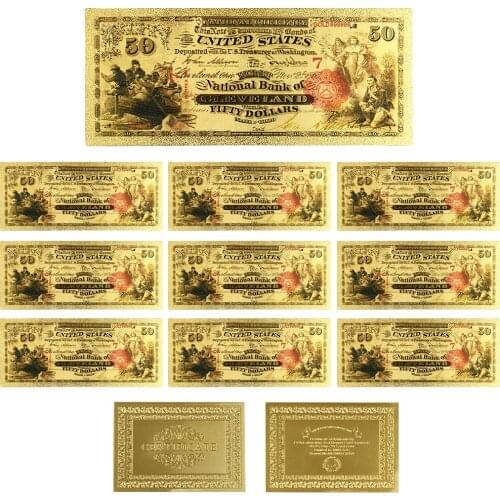 Collectible American Gold Banknote 1875 Year 50 Dollar Gold Plated World Paper Money Quality Art Crafts Golden Bill Note 10pcs