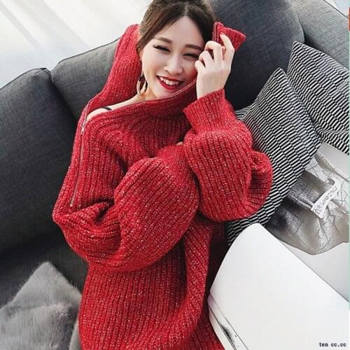 Red christmas Sweater lazy wind high neck zipper loose thick hedging mid-length sweater new autumn womens clothing