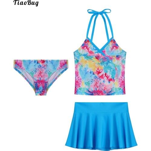 TiaoBug Summer Kids Girls 3Pcs Swimwear Swimsuit Scales Floral Print Swimming Halter Tops With Skirt And Briefs Sets Bikini