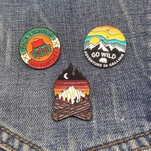 Fashion Trend Jewelry New Product Hot Style Alloy Adventure Match Camping Brooches Clothes Metal Badge Jacket Enamel Lapel Pins