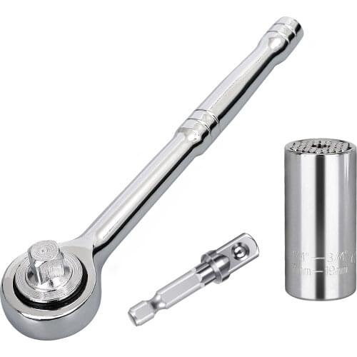 7-19mm 1/4"-3/4" Head Multifunctional Socket Wrench Set Universal 3/8" Driver Crv Ratchet Wrench with Power Drill Adapter