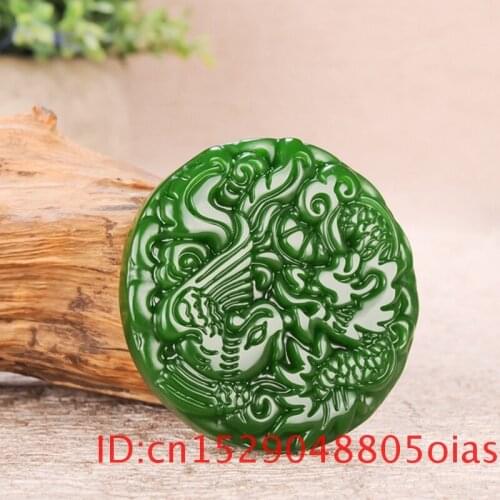 Natural Green Chinese Jade Dragon Phoenix Pendant Necklace Charm Jadeite Jewelry Carved Amulet Fashion Accessories Gifts