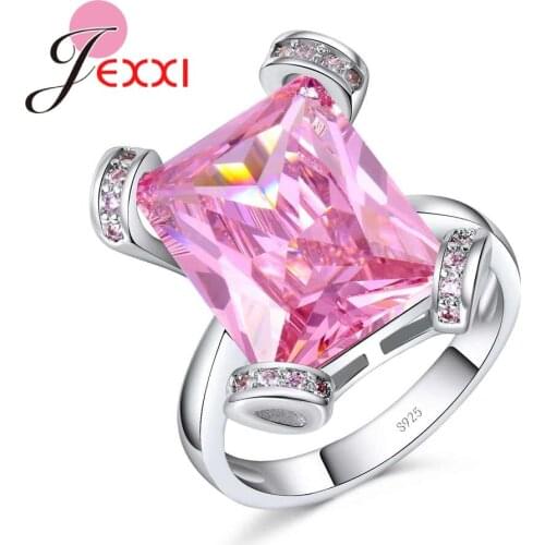 Big Square Pink Crystal Wedding Rings For Women Fashion 925 Sterling Silver Cubic Zirconia Engagement Finger Ring For Love