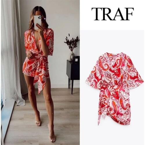 TRAF Women’s Dress 2021 Summer Za New Retro V-neck Totem Floral Print Pleated Kimono Mini Dress Women Fashion Short Sleeve Dre