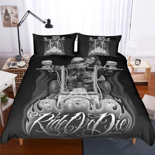 Motorcycle beauty skull bedding couple duvet covers pillowcases King Queen size household goods household items