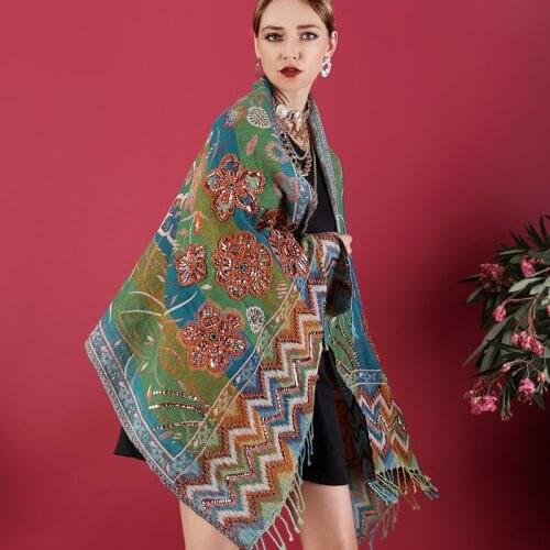 100% Merino Wool Scarf Women Nepal Traditional Handmade Ethnic style Warm Soft Wool Long Scarf Embroidery Beading Shawl Wrap