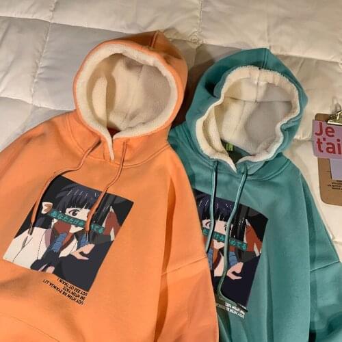 Oversized Cartoon Hoodie Womens Lamb Wool Pullover 2021 Fashion Sweatshirt Casual Coat Harajuku Couple Warm Top S ~ 3XL