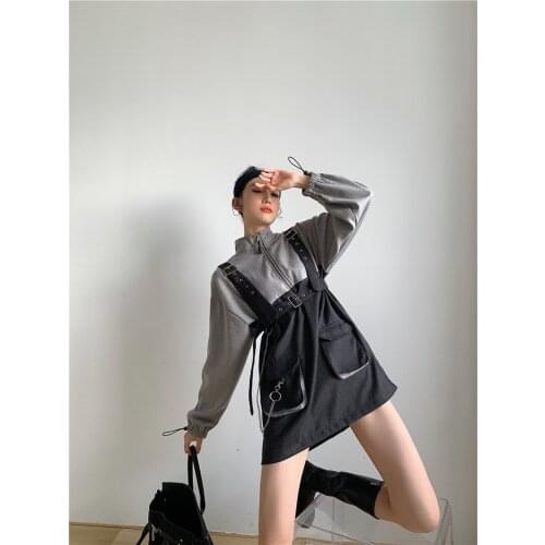 2021 gray and black patchwork dress Original dark detachable strap belt chain whale pattern two-piece spring sweatshirt dress