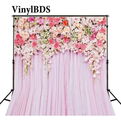 VinylBDS 8x8ft Pink Curtain Wedding Backdrop Romantic Flower Background Photography Wedding Party Stage Background for Photocall