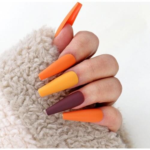 Vibrant Orange Coffin Nails 100Pcs/pack Matte Dusky Coloured False Nails Fancy Yellow Coffin Nails Designs Long Ballerina Nails