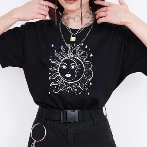 Women T Shirt Sun Moon Funny Print Cotton Short Sleeve Aesthetic Street Style Summer Fashion Grunge Kawaii Cute Graphic Tee Tops