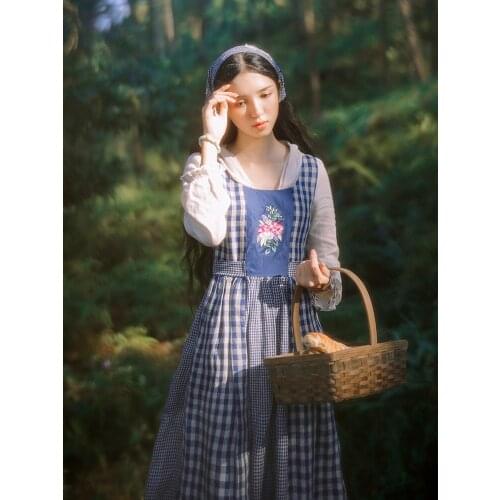 England Scotland Style Plaid Dress For Large Size Women Vintage Embroidery Cotton Linen Prairie Chic Mori Girl Blue Vestido