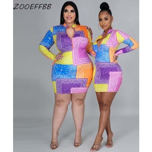 ZOOEFFBB Aesthetic Trendy Bandana Bodycon Mini Dress for Women Plus Size Clothing Sexy Club Birthday Outfits Long Sleeve Dresses