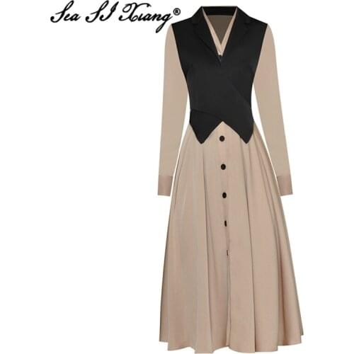 Seasixiang Fashion Designer Autumn Dress Women V-Neck Long Sleeve Single Breasted Hit the Color Big pendulum Dresses
