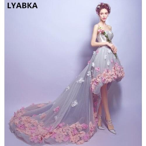 Vintage High/Low Prom Dresses 2019 Vestido De Festa Strapless Formal Party Evening Gowns For Women Tulle With Flower Prom Dress