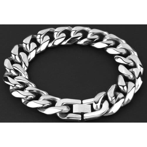 15mm Vintage Silver Color Curb Cuban Bracelet For Men Stainless Steel 316L Link Chain Bracelets 7-11 inch
