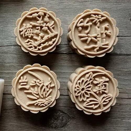 50g round plum blossoms, orchid, bamboo and chrysanthemum Mooncake mould with 4 Stamps plastic hand pressure , 50sets/lot
