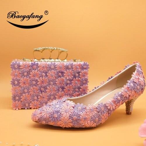 BaoYaFang Baby Pink violet Flower Wedding shoes with matching bags Ladies woman sweet party dress shoe Pointed Toe Pumps