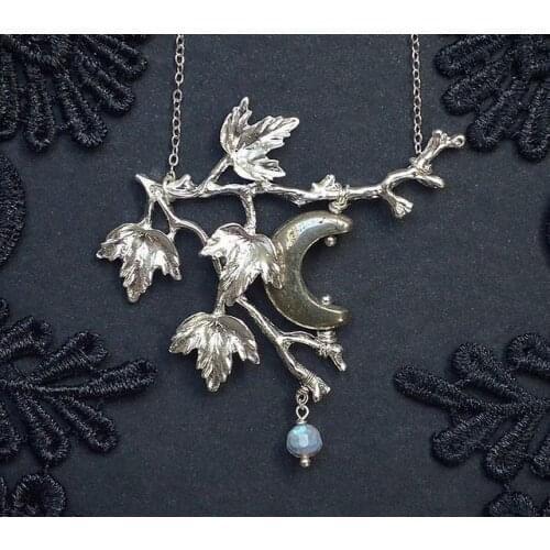 Silent Night -Crescent Moon Pyrite Necklace,Branch Pendant, Witchy Statement Necklace, Twig Elven Jewelry, Druid, Strega, Wiccan