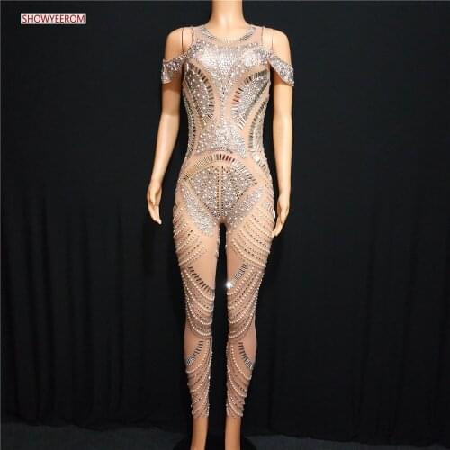 Sparkly Full Stones Mesh Jumpsuit Prom Luxury Bodysuit Outfit Party Celebrate Glisten Leggings Costume stretch Rompers