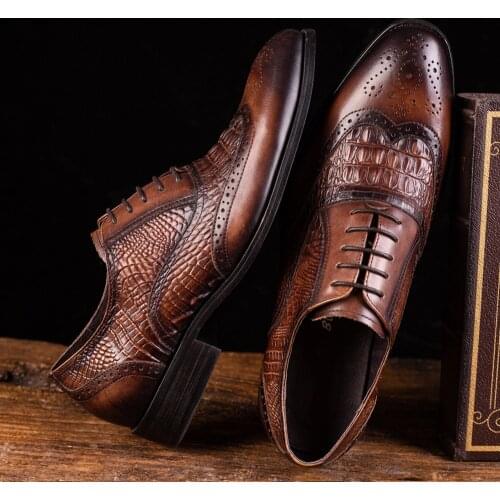 Men Crocodile Leather Brogue Shoes Elegent Bullock British Style Oxfords for Male Fashion Brand Dress Shoes Big Size 48