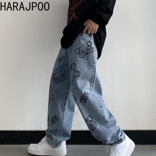 Harajpoo Pants Women Korean High Street INS Trend Cartoon Bear Print Couple Casual Loose Wide Leg Straight Fashion Y2k Jeans