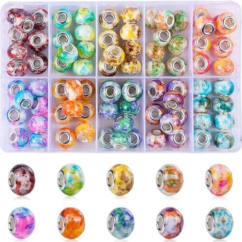 10Pcs Assorted Color Flower Art Paint 16x10mm Big Hole European Spacer Beads Fit Pandora Charms Bracelet Bangle Women Necklace