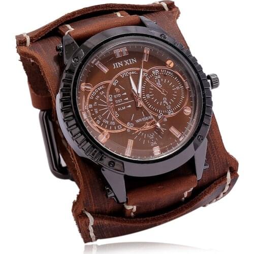Men Watch Luxury Watch Quartz Wristwatches Big Dial Watch Retro Vintage Punk Style Watch Men Leather Strap Bracelet Men Gift Set