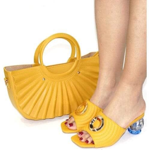 Doershow beautiful Shoes and Bag Set African Sets 2021 yellow Color Italian Shoe Bag Set Decorated with Rhinestone! SCK1-5