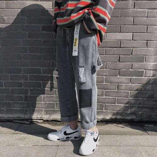 Denim Pants Punk Hip Hop Black Jeans Men Patchwork Hole Ripped Jeans 2021 Mens Korean Fashions Harajuku Baggy Jeans