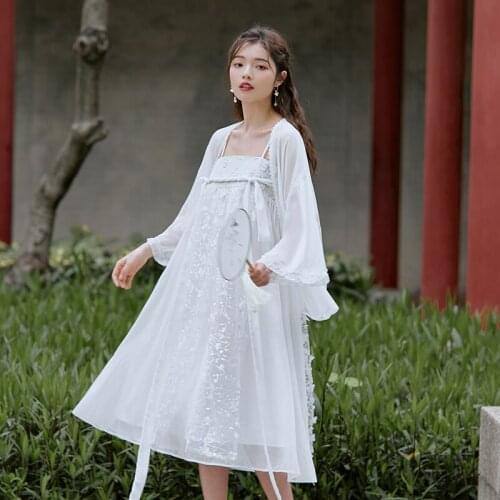 New Chinese Style Improved Hanfu Set Lace Sling Dress+Sunscreen Cardigan Loose Large Size Womens White Two Piece Dress aq757