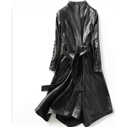 Stand Collar 100% Genuine Leather Jacket Womens Sheepskin Slim Long Coat with Belt and Irregular Hem Black Color Lady Elegant R