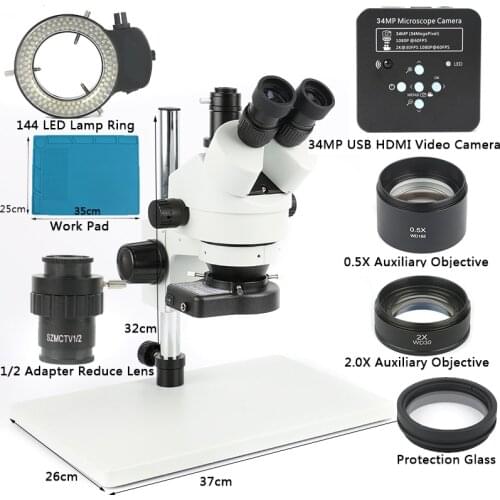 Phone PCB Soldering Repair Lab Industrial 7X 45X 90X Simul-focal Trinocular Stereo Microscope USB HDMI Video Camera 1080P 34MP