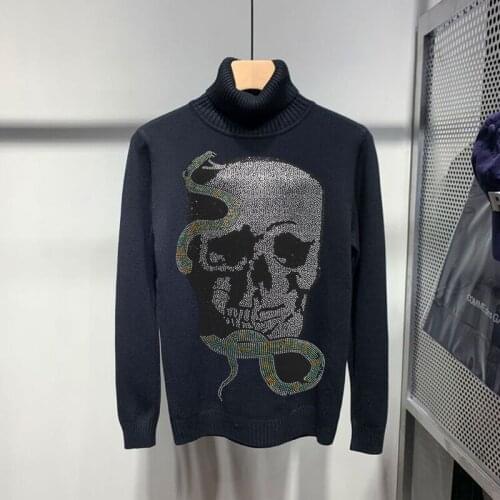 Winter Three-Dimensional Personality Skull Theme Cashmere 100% Turtleneck Sweater Mens Slim Sweatshirt Casual Pullover