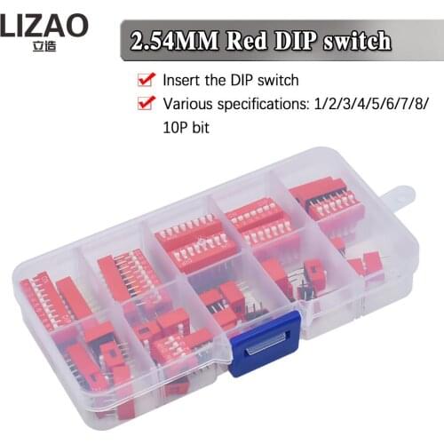 WAVGAT Dip Switch Kit In Box 1 2 3 4 5 6 7 8 10 Way 2.54mm Toggle Switch Red Snap Switches Mixed Kit Each 5PCS Combination Set