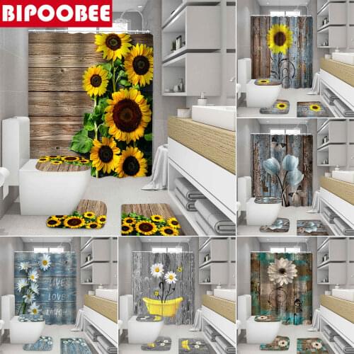 Plank Sunflower Pattern Shower Curtain Set Toilet Cover Rug Carpets Non-slip Kitchen Bath Mat Wooden Board Bathroom Set Decor