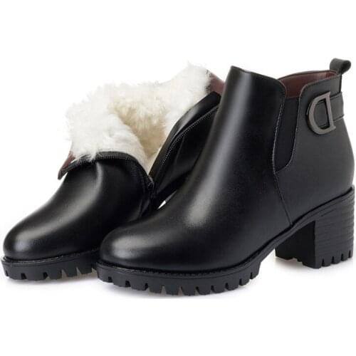 Plus Size Winter Warm Snow Boots Comfort Inside Plush / Wool Ankle Boots High Heels Non-slip Genuine Leather Shoes Women Boots