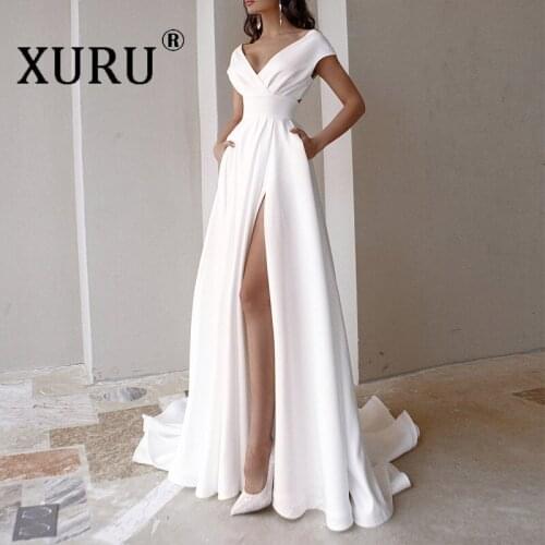XURU New Product V-neck Mopping Solid Color Dress 2021 Summer New Womens Long Dress Irregular White Dress