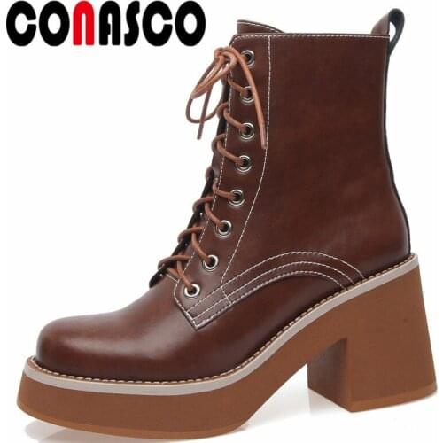 CONASCO New Women Ankle Boots Autumn Winter Warm Lenuine Leather Causal Party Prom Shoes Concise Design Motorcycle Boots Woman