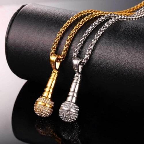 New Personality Gold-Plated Microphone Necklace Man Woman Hip Hop Rock-Encrusted Microphone Pendant Accessories Party Jewelry