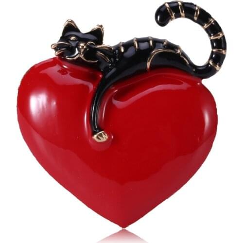 PICKYZ Enamel Heart Lazy Cat Brooch Pins For Lovers Gift Wedding Jewelry Brooch Christmas New Year ValentineS Day Gift