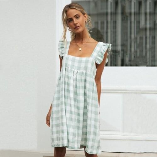 Ardm Dresses For Women Casual Green Plaid Square Collar Ruffled Loose Backless Summer Sweet Mini Dress