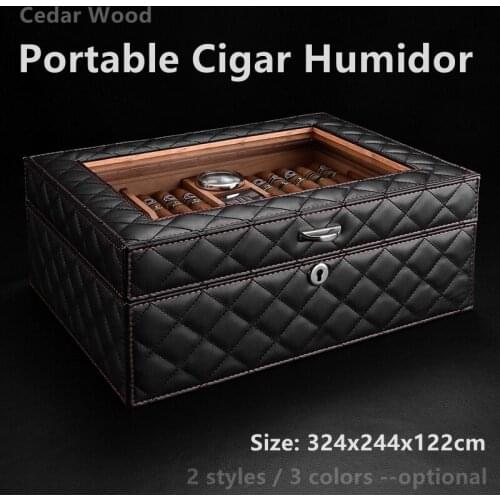 324x244x122mm Portable Cigar Humidor Cedar Wood Leather-faced Moisturizing Cigar Box Hygrometer Black Gray Cigarette Small Case