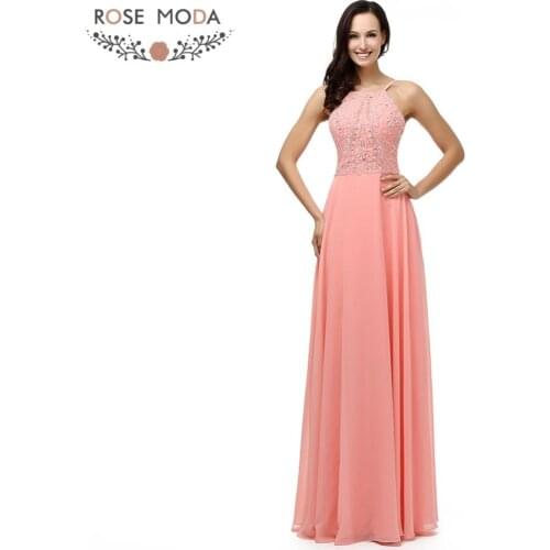 Rose Moda Bling Peach Floor Length Evening Dress Thin Straps Crystal Beaded Formal Long Party Dress 2018